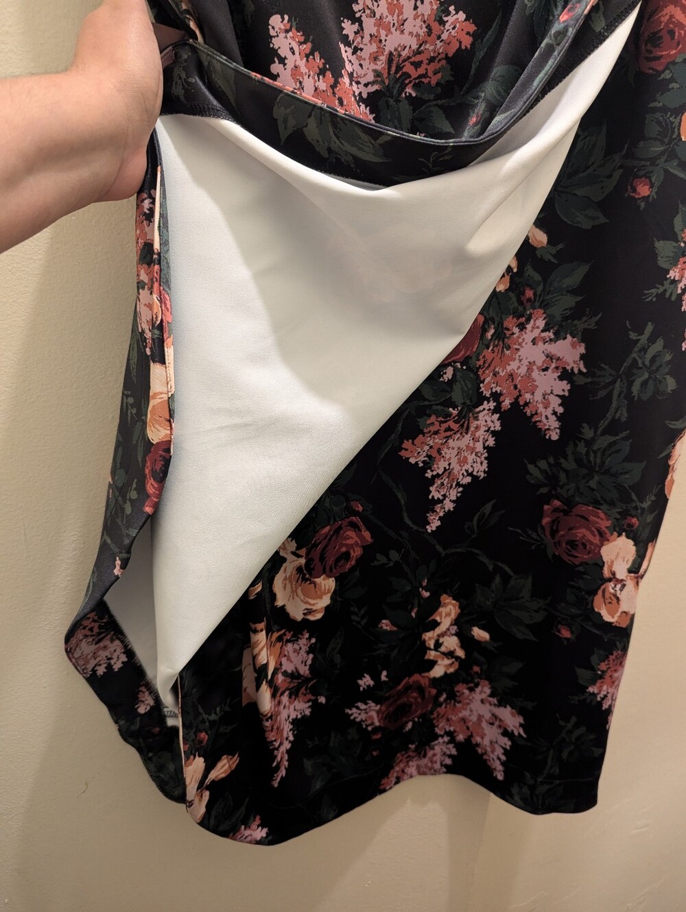 Pinup Couture Ava Faux Wrap Wiggle Satin Dress Black w/ Pink Floral Print- XL - Picture 6 of 16
